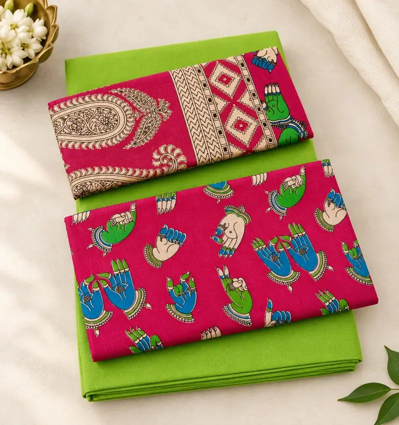 Kalamkari Cotton Dress Material – Pink Mudra Hands with Green