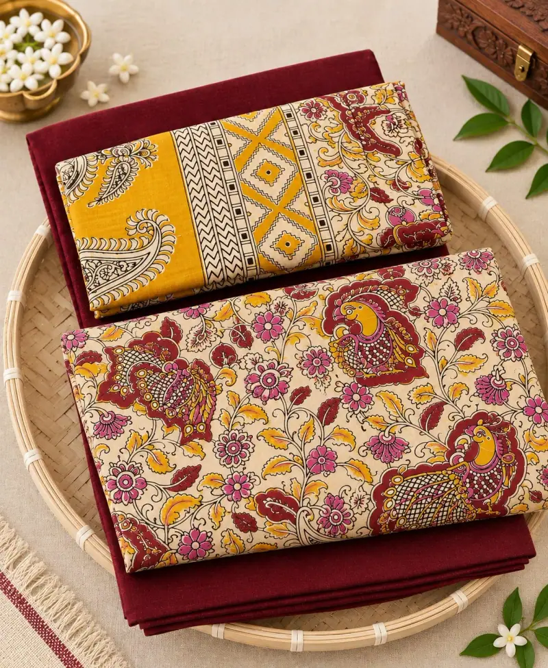 Kalamkari Cotton Dress Material – Floral Birds with Maroon
