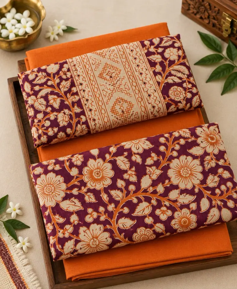 Kalamkari Cotton Dress Material – Purple Floral Vine with Orange