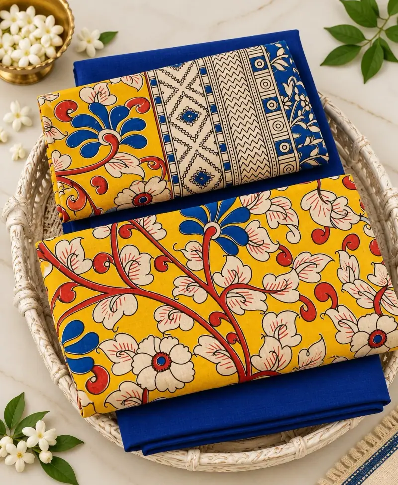 Kalamkari Cotton Dress Material – Yellow Floral Tree with Blue