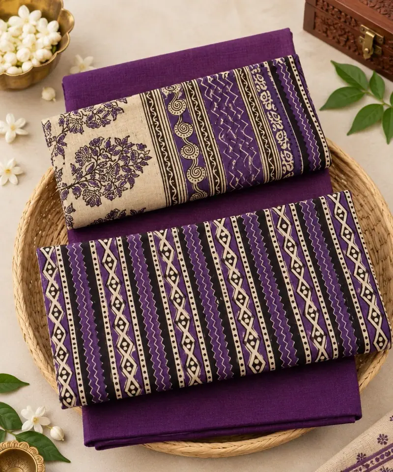 Kalamkari Cotton Dress Material – Purple Geometric Stripes with Purple