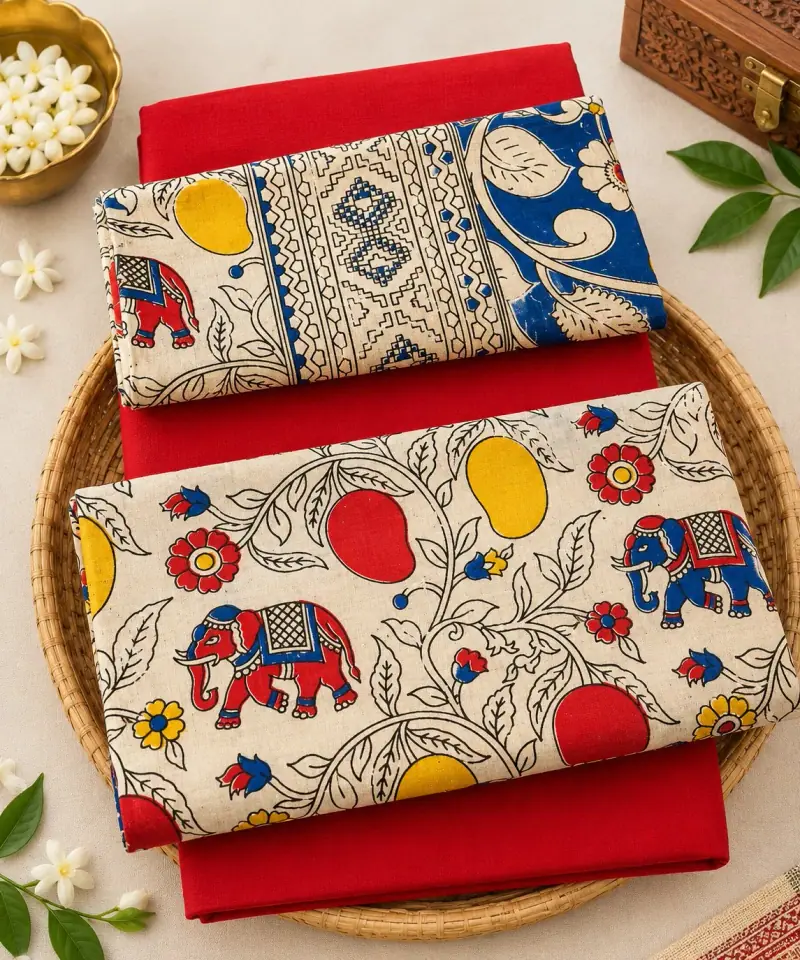 Kalamkari Cotton Dress Material – Elephant and Mango with Red