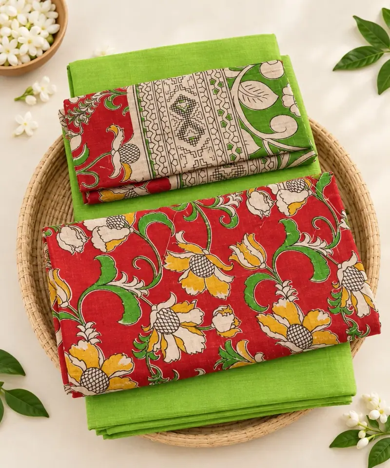 Kalamkari Cotton Dress Material – Red Floral with Green