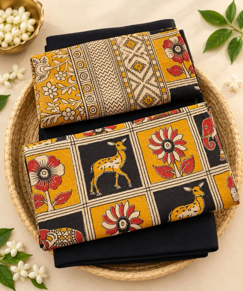 Kalamkari Cotton Dress Material – Deer and Flower Panels with Black