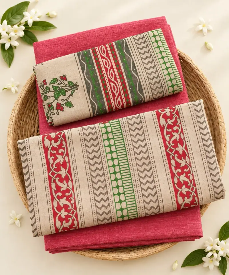 Kalamkari Cotton Dress Material – Floral Stripes with Pink