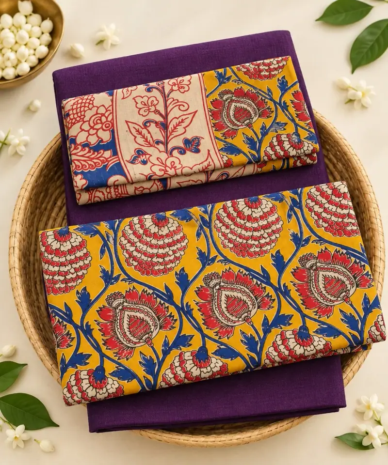 Kalamkari Cotton Dress Material – Yellow Floral Bud with Purple