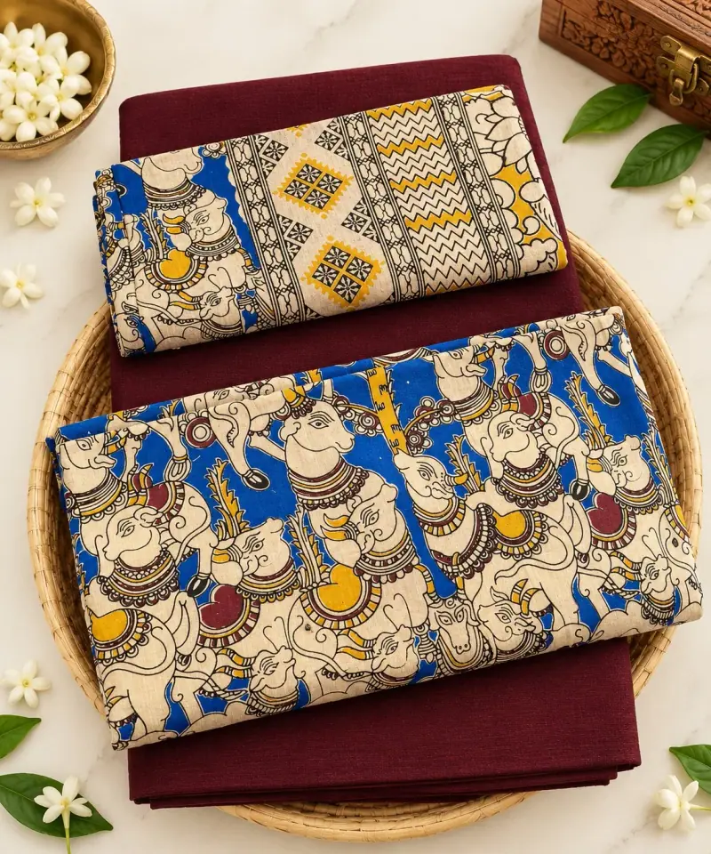 Kalamkari Cotton Dress Material – Blue Elephants with Maroon