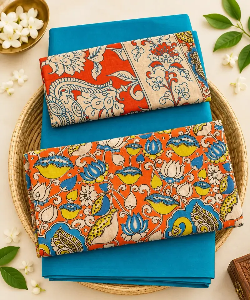 Kalamkari Cotton Dress Material – Orange Lotus Garden with Turquoise