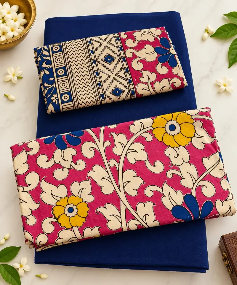 Kalamkari Cotton Dress Material – Pink Floral with Navy