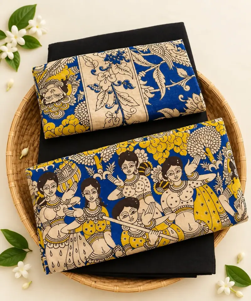 Kalamkari Cotton Dress Material – Blue Women Figures with Black
