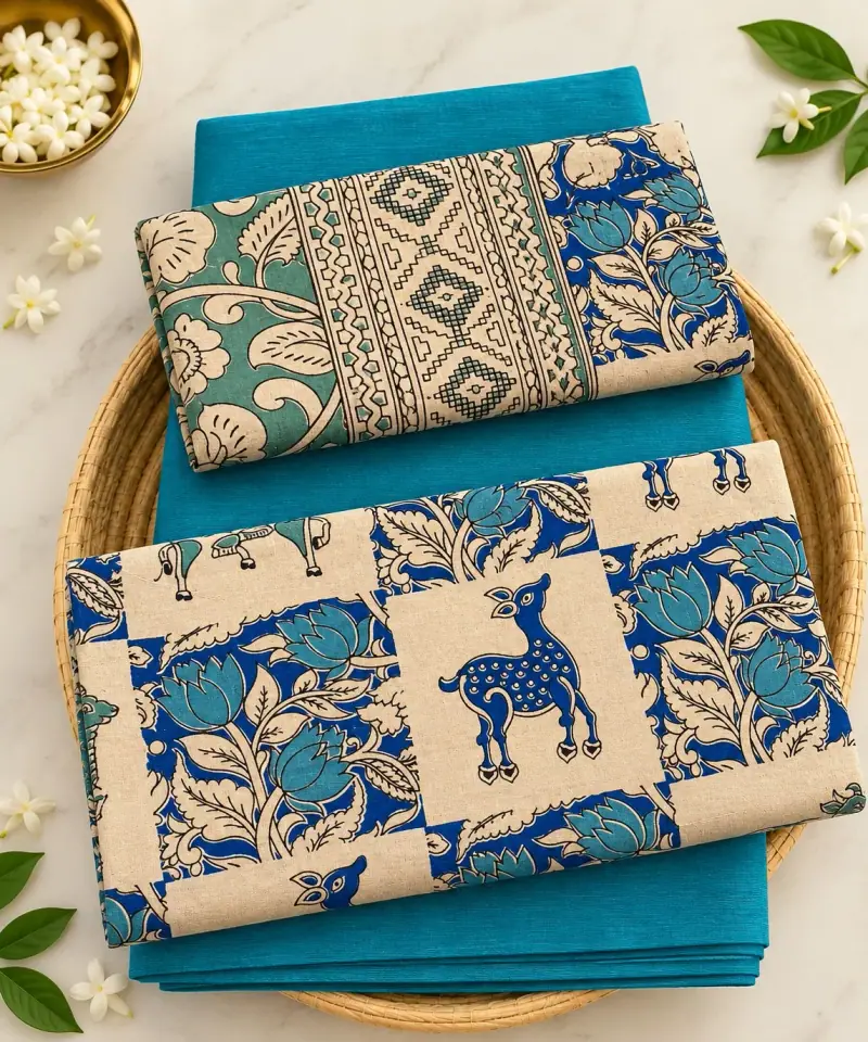 Kalamkari Cotton Dress Material – Deer and Lotus Panels with Turquoise