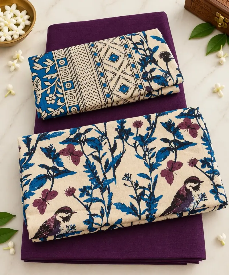Kalamkari Cotton Dress Material – Birds and Branches with Purple