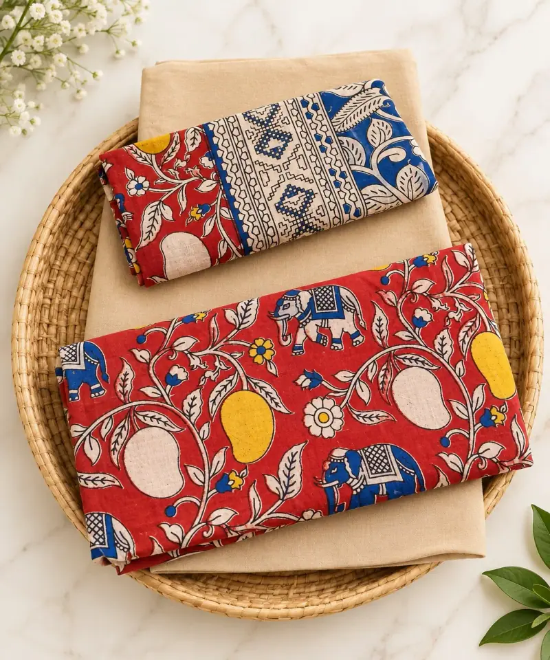 Kalamkari Cotton Dress Material – Red Elephant and Mango with Beige