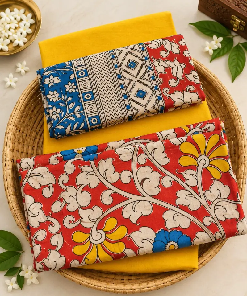 Kalamkari Cotton Dress Material – Red Floral Vine with Yellow