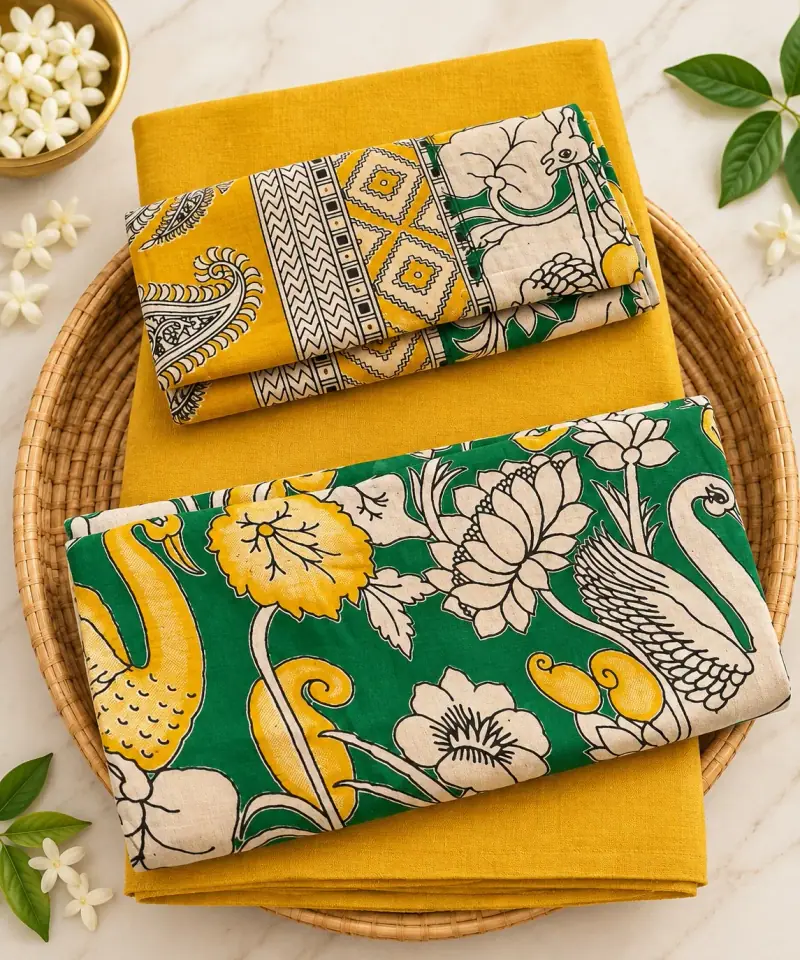 Kalamkari Cotton Dress Material – Green Swan and Lotus with Yellow