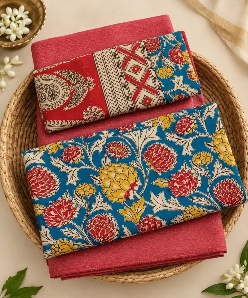 Kalamkari Cotton Dress Material – Blue Floral with Pink