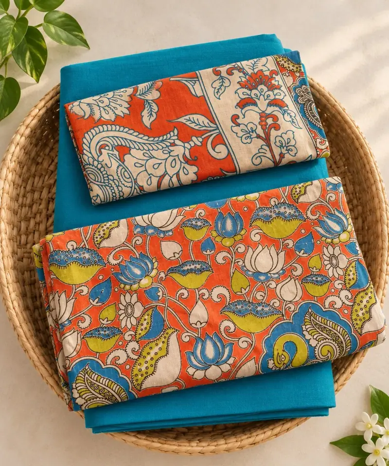 Kalamkari Cotton Dress Material – Orange Lotus and Paisley with Turquoise