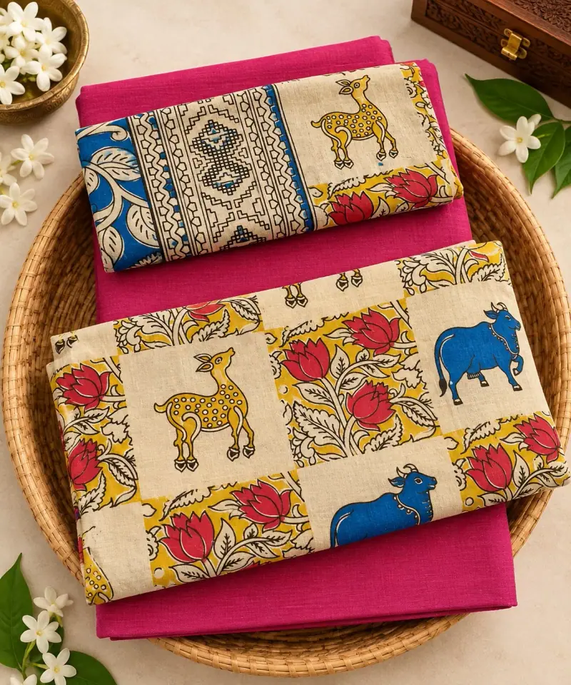 Kalamkari Cotton Dress Material – Deer, Cow and Lotus Panels with Pink