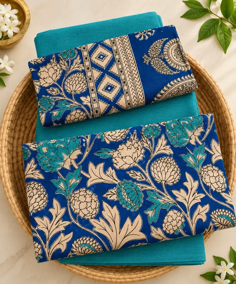 Kalamkari Cotton Dress Material – Blue Floral with Teal