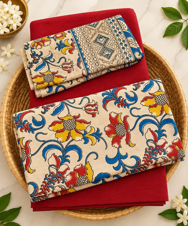 Kalamkari Cotton Dress Material – Cream Floral Vine with Red