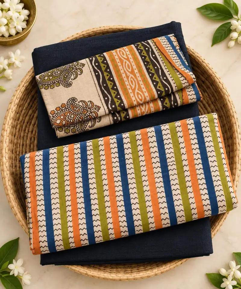 Kalamkari Cotton Dress Material – Multicolour Stripes with Black