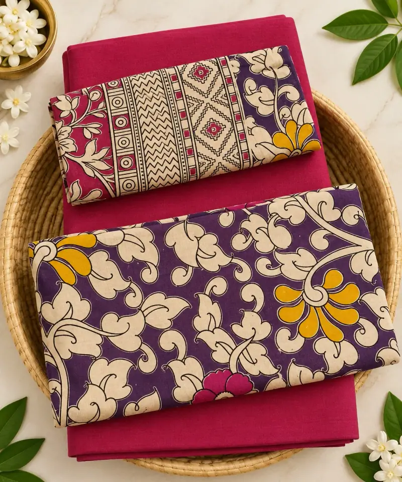 Kalamkari Cotton Dress Material – Purple Floral with Pink