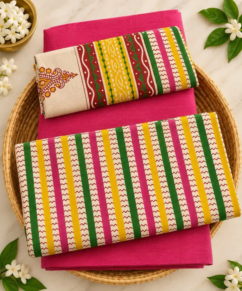 Kalamkari Cotton Dress Material – Pink and Green Stripes with Pink
