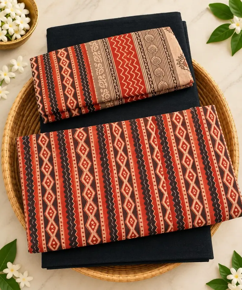 Kalamkari Cotton Dress Material – Red Geometric Stripes with Black