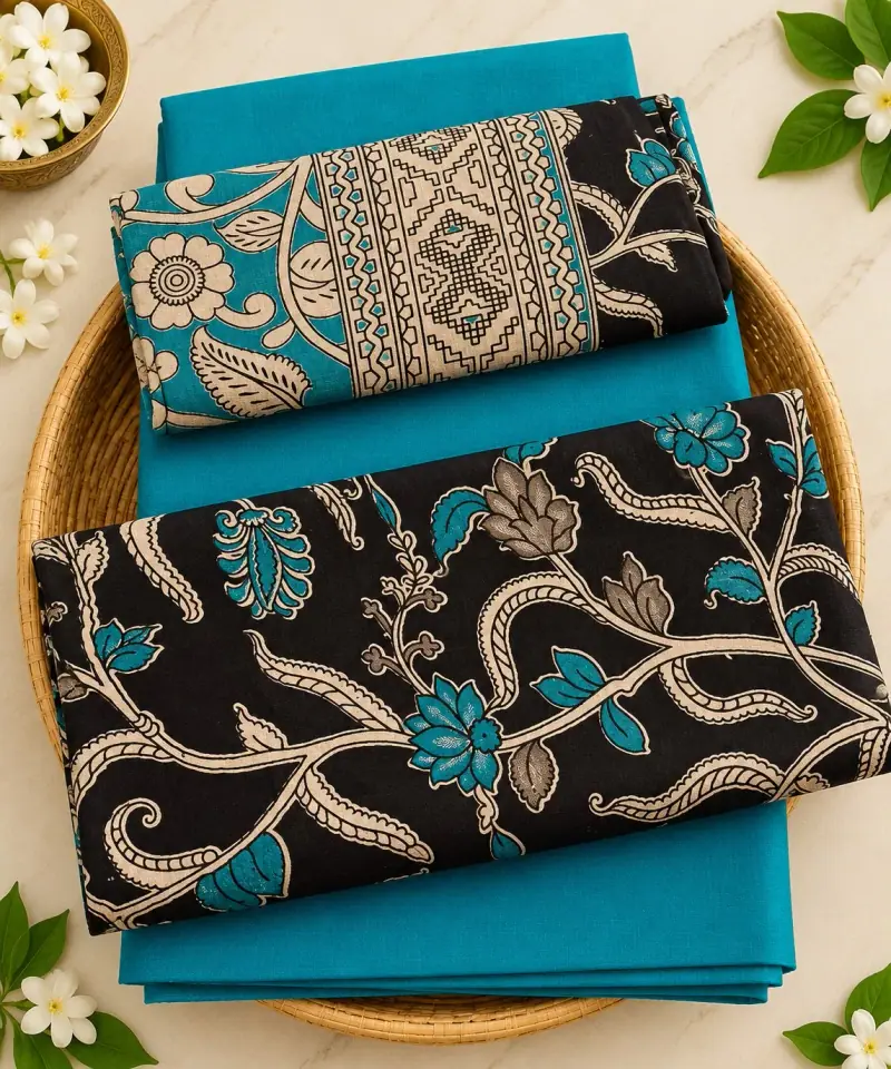 Kalamkari Cotton Dress Material – Black Floral Vine with Turquoise