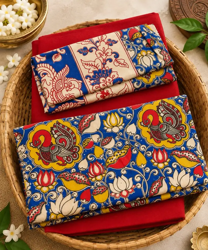 Kalamkari Cotton Dress Material – Blue Peacock and Lotus with Red