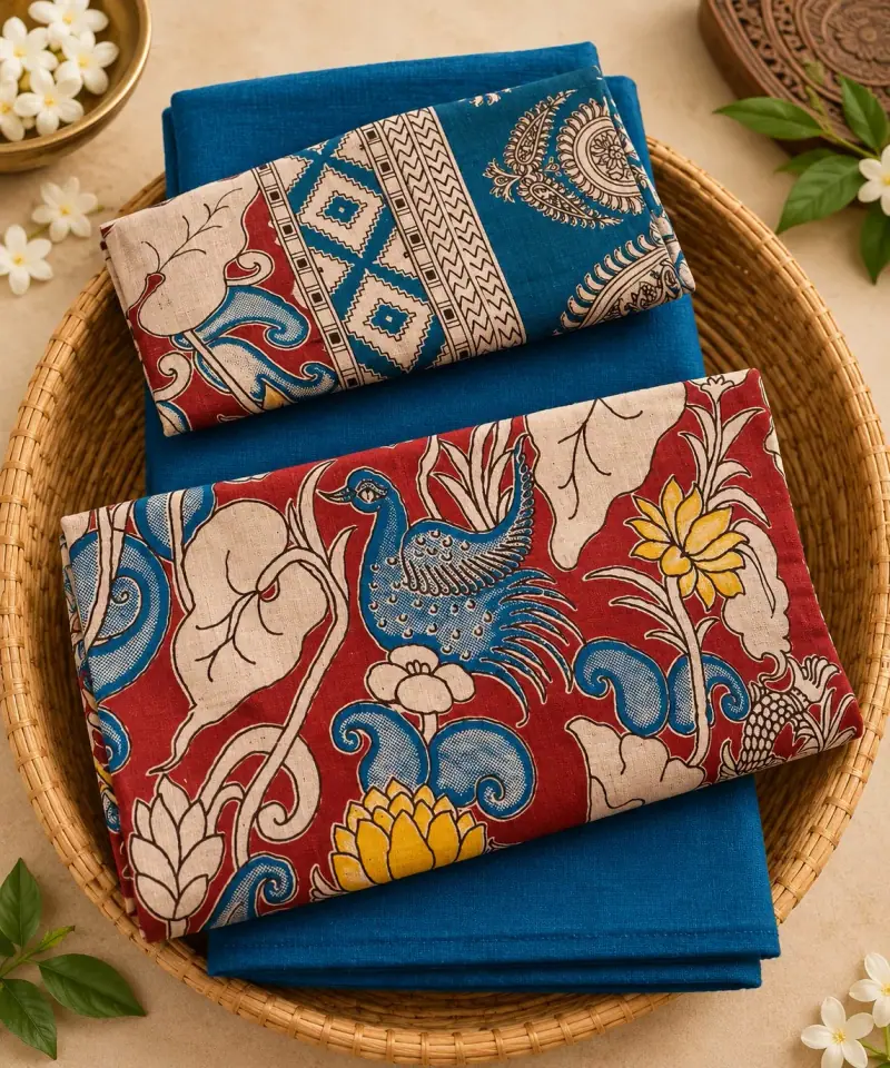 Kalamkari Cotton Dress Material – Red Peacock with Blue