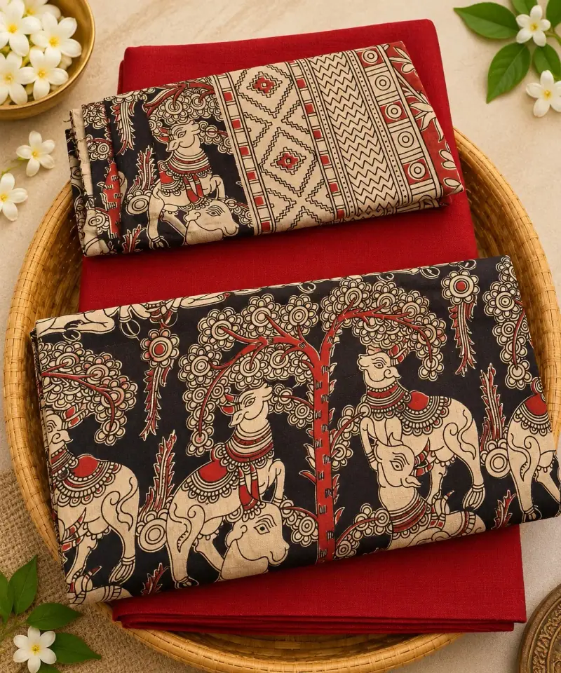 Kalamkari Cotton Dress Material – Black Cow and Tree with Red