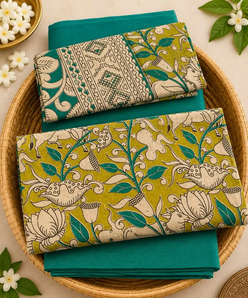 Kalamkari Cotton Dress Material – Green Fish and Lotus with Teal