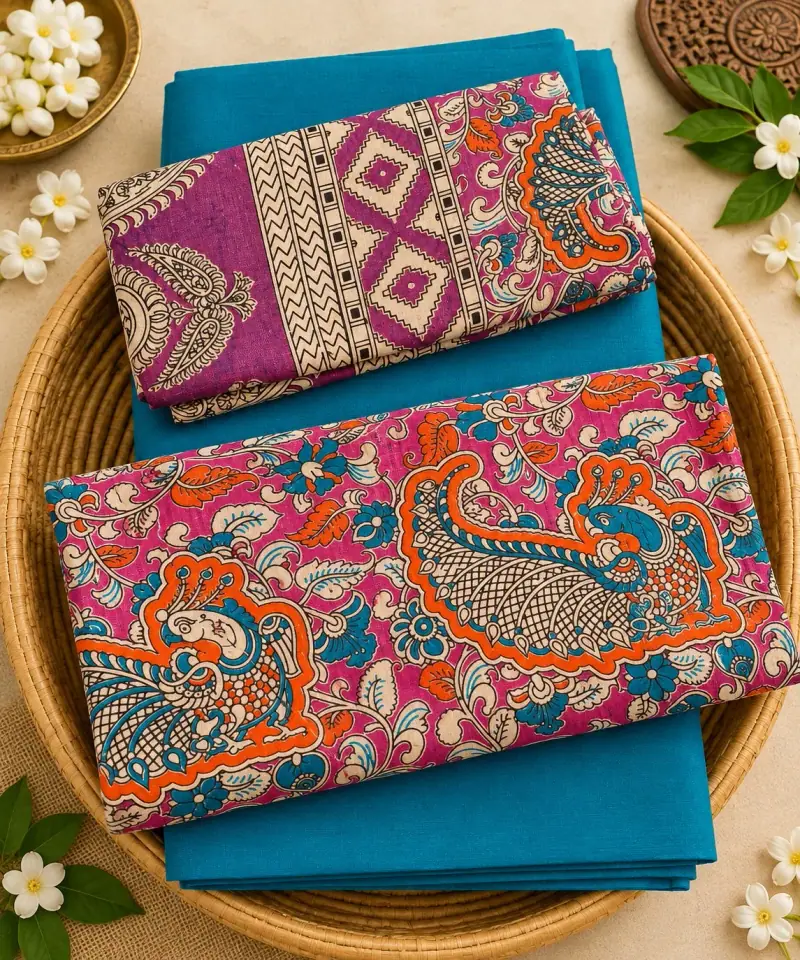 Kalamkari Cotton Dress Material – Pink Peacock with Blue