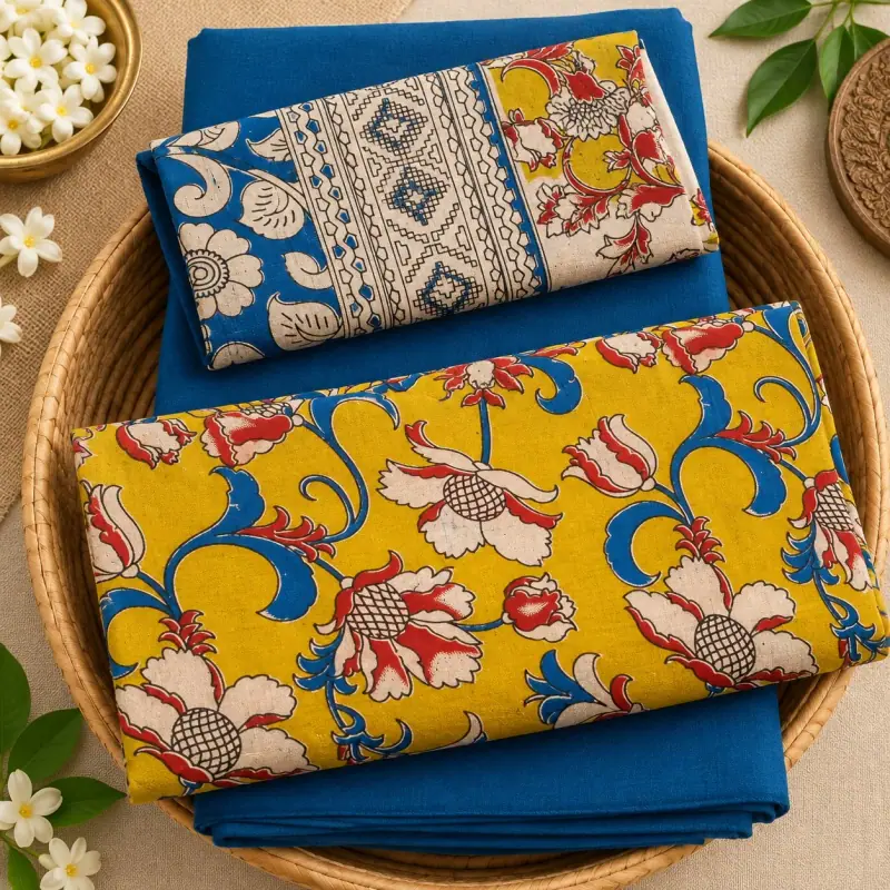Kalamkari Cotton Dress Material – Yellow Floral Vine with Blue