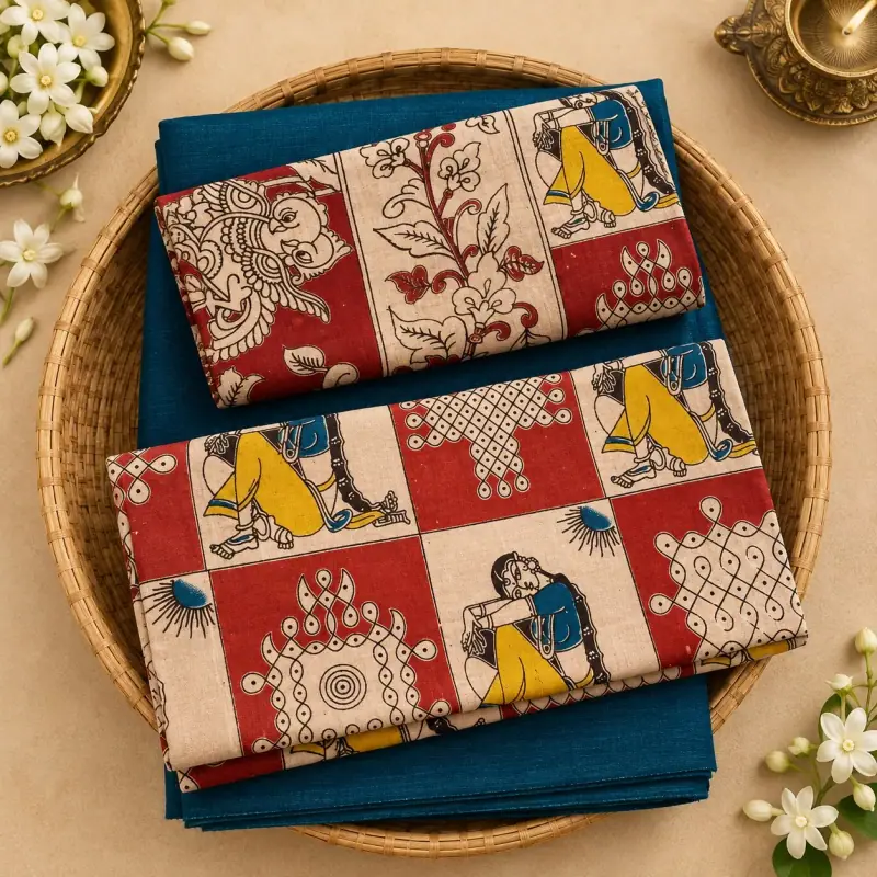 Kalamkari Cotton Dress Material – Red Women and Kolam Panels with Blue