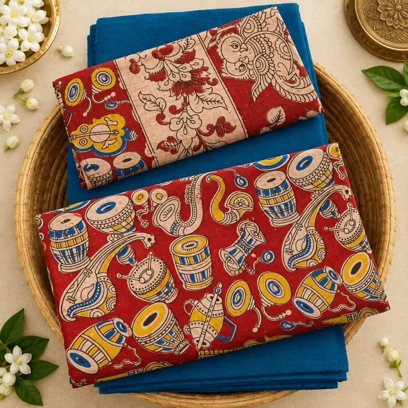 Kalamkari Cotton Dress Material – Red Musical Instruments with Blue