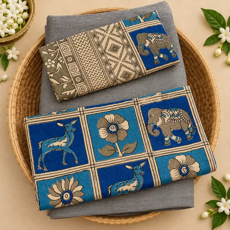 Kalamkari Cotton Dress Material – Blue Elephant and Deer Panels with Grey