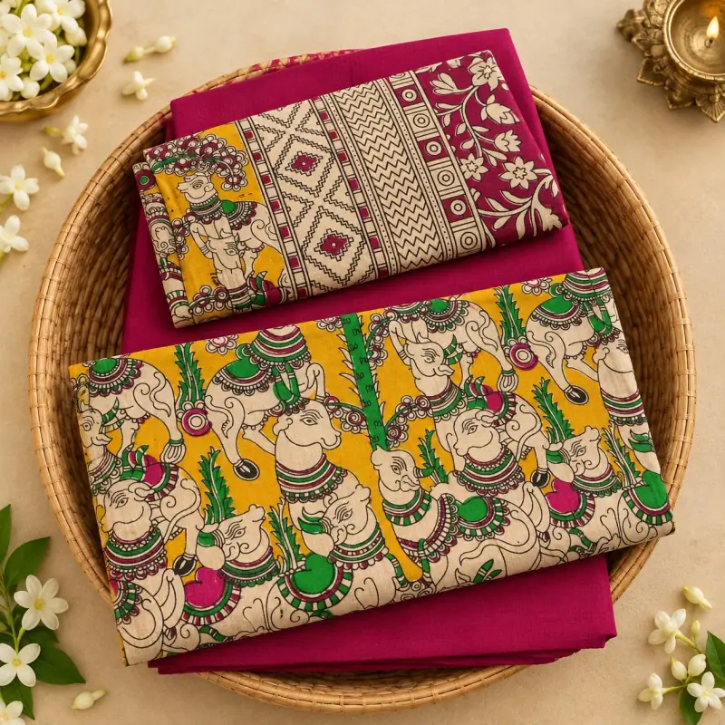 Kalamkari Cotton Dress Material – Yellow Elephant Procession with Pink