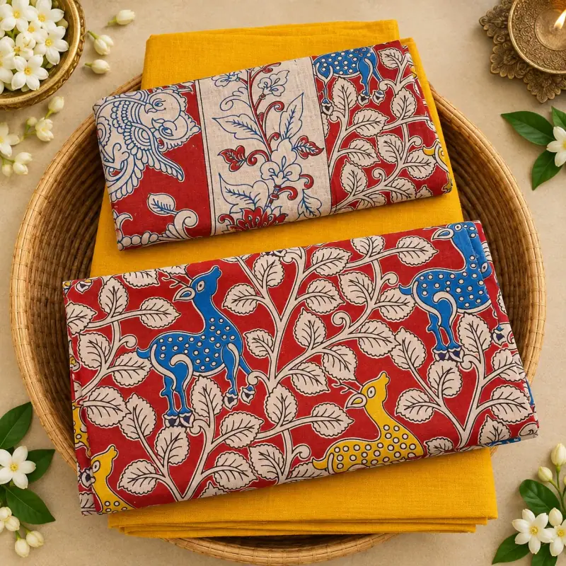 Kalamkari Cotton Dress Material – Red Deer and Leaves with Yellow