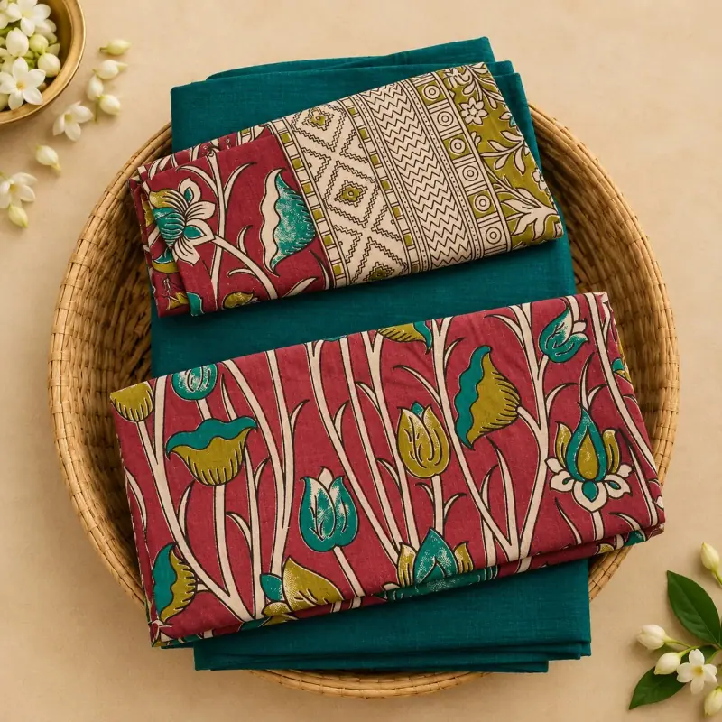 Kalamkari Cotton Dress Material – Red Lotus Bud with Teal