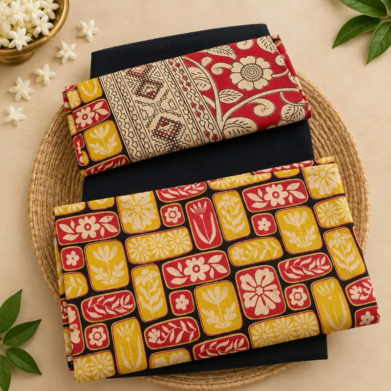 Kalamkari Cotton Dress Material – Red and Yellow Floral Blocks with Black