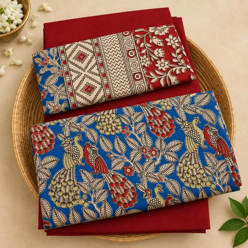 Kalamkari Cotton Dress Material – Blue Peacock Tree with Red