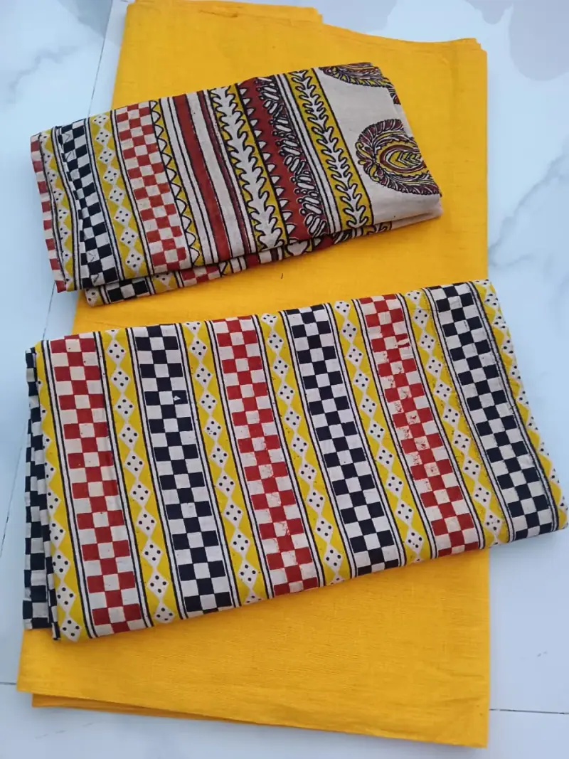 Kalamkari Cotton Dress Material – Yellow Check Stripes with Yellow