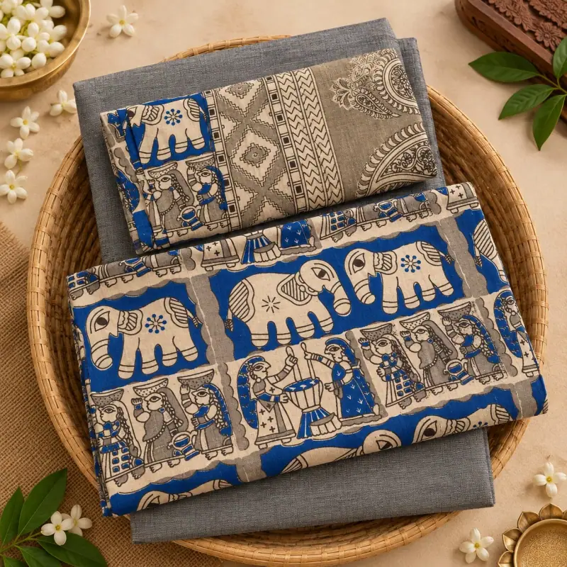 Kalamkari Cotton Dress Material – Blue Elephant Procession with Grey