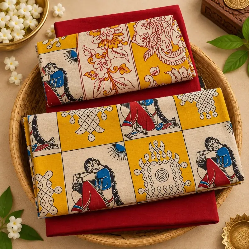 Kalamkari Cotton Dress Material – Yellow Women and Kolam Panels with Red