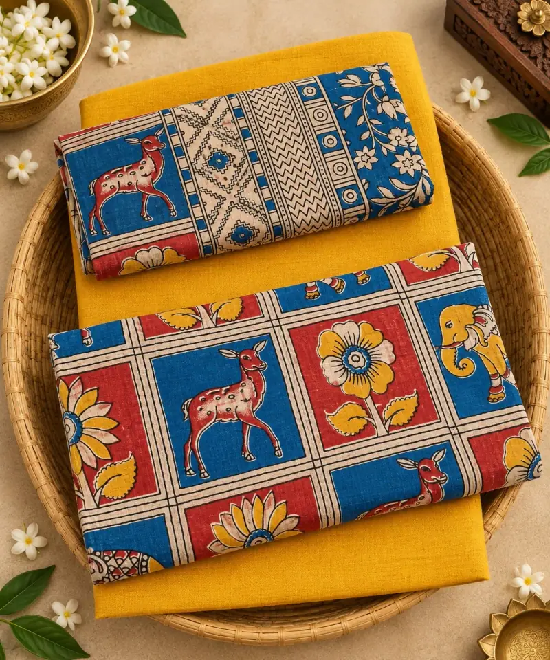 Kalamkari Cotton Dress Material – Deer and Elephant Panels with Yellow