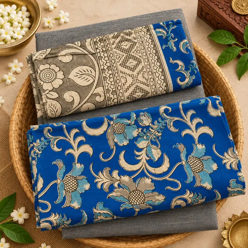 Kalamkari Cotton Dress Material – Blue Floral Scroll with Grey