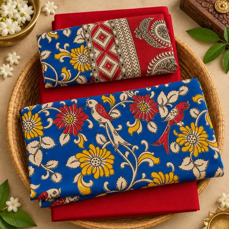 Kalamkari Cotton Dress Material – Blue Floral Birds with Red