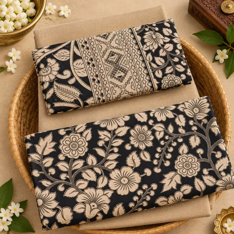 Kalamkari Cotton Dress Material – Black Floral with Beige